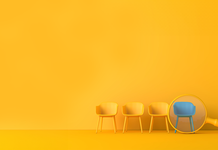 Job search, yellow chairs with a magnifying glass over a blue chair